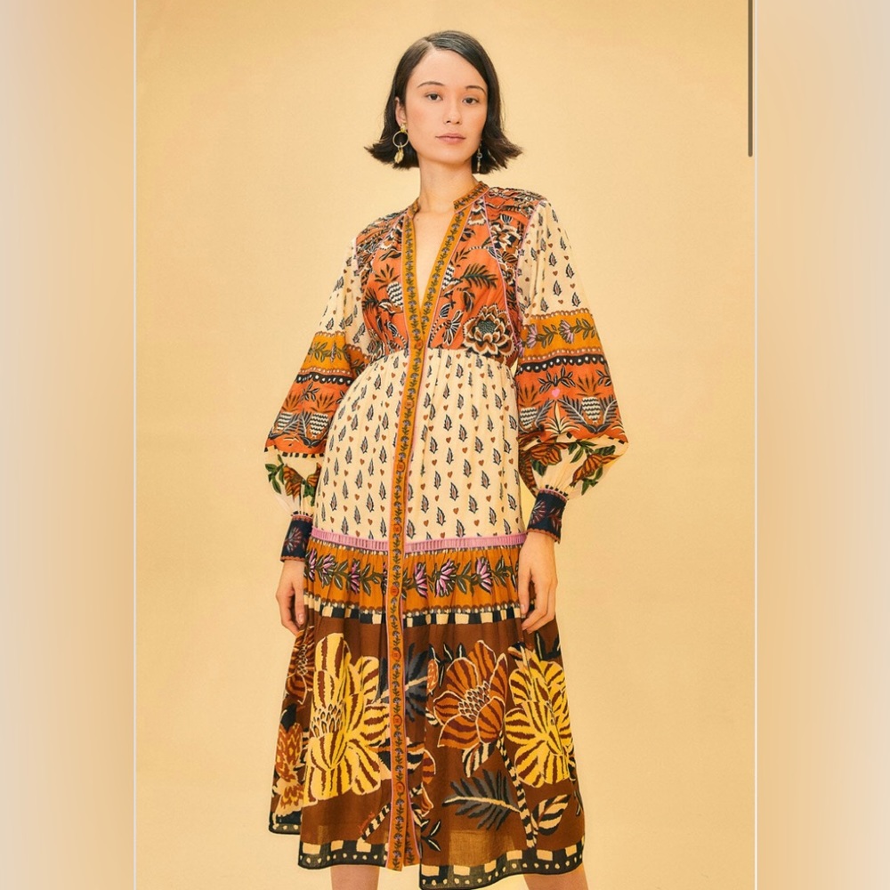 Farm Rio Beige Ainika Floral V Neck Midi Dress